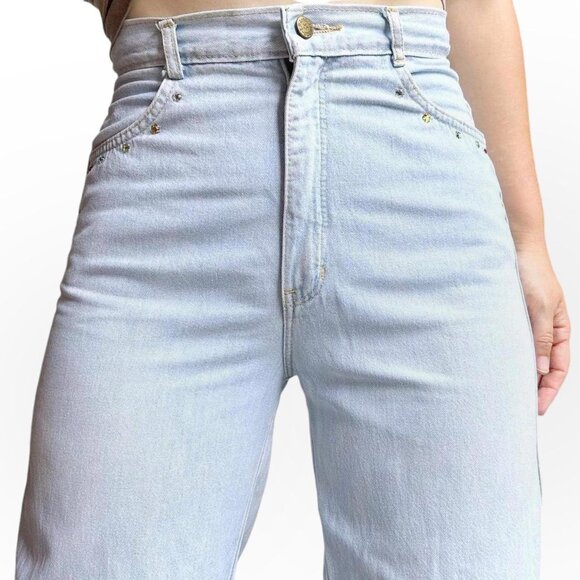 80s vintage highwaisted gem stone jeans light wash jewel embellished tapered. - Picture 7 of 8